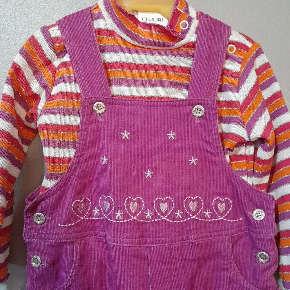 Cherokee Baby 24mths Pink Corduroy Overalls Striped Ruffle Turtleneck - Picture 2 of 4